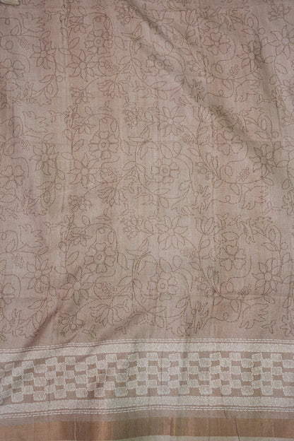 Semi Tussar Silk Saree with Digital Floral Prints – Taupe Beige