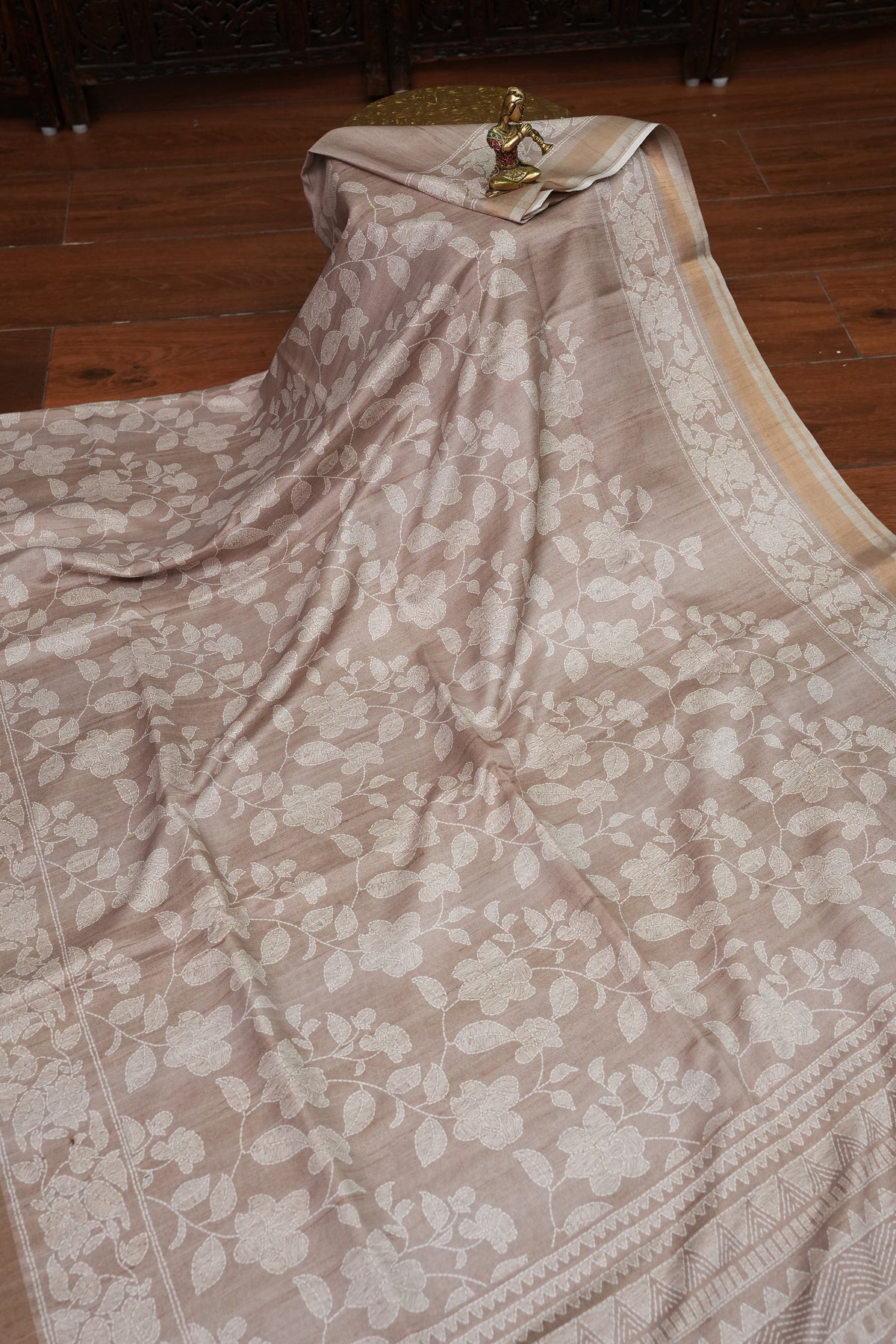 Semi Tussar Saree with Digital Floral Prints – Taupe Beige
