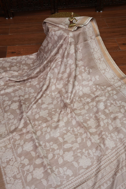 Semi Tussar Saree with Digital Floral Prints – Taupe Beige
