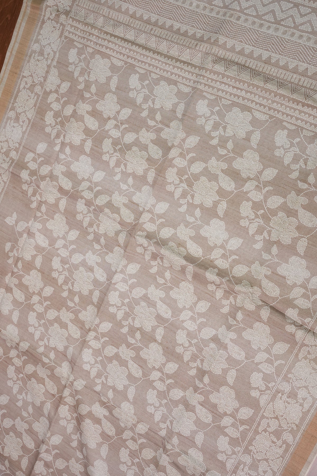 Semi Tussar Saree with Digital Floral Prints – Taupe Beige