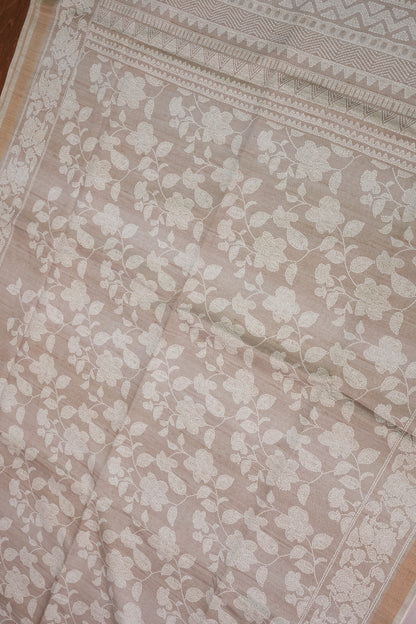 Semi Tussar Saree with Digital Floral Prints – Taupe Beige