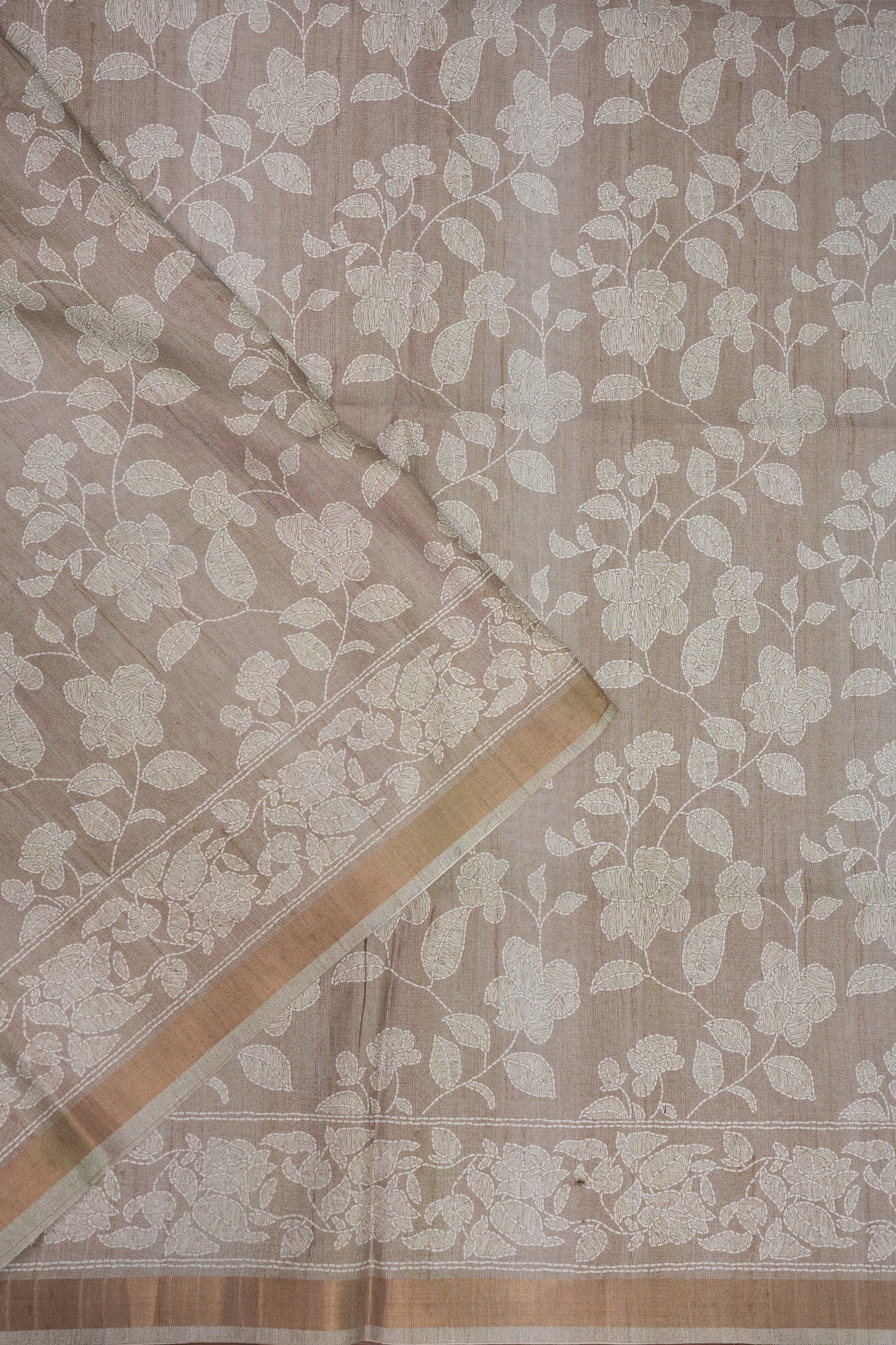 Semi Tussar Saree with Digital Floral Prints – Taupe Beige