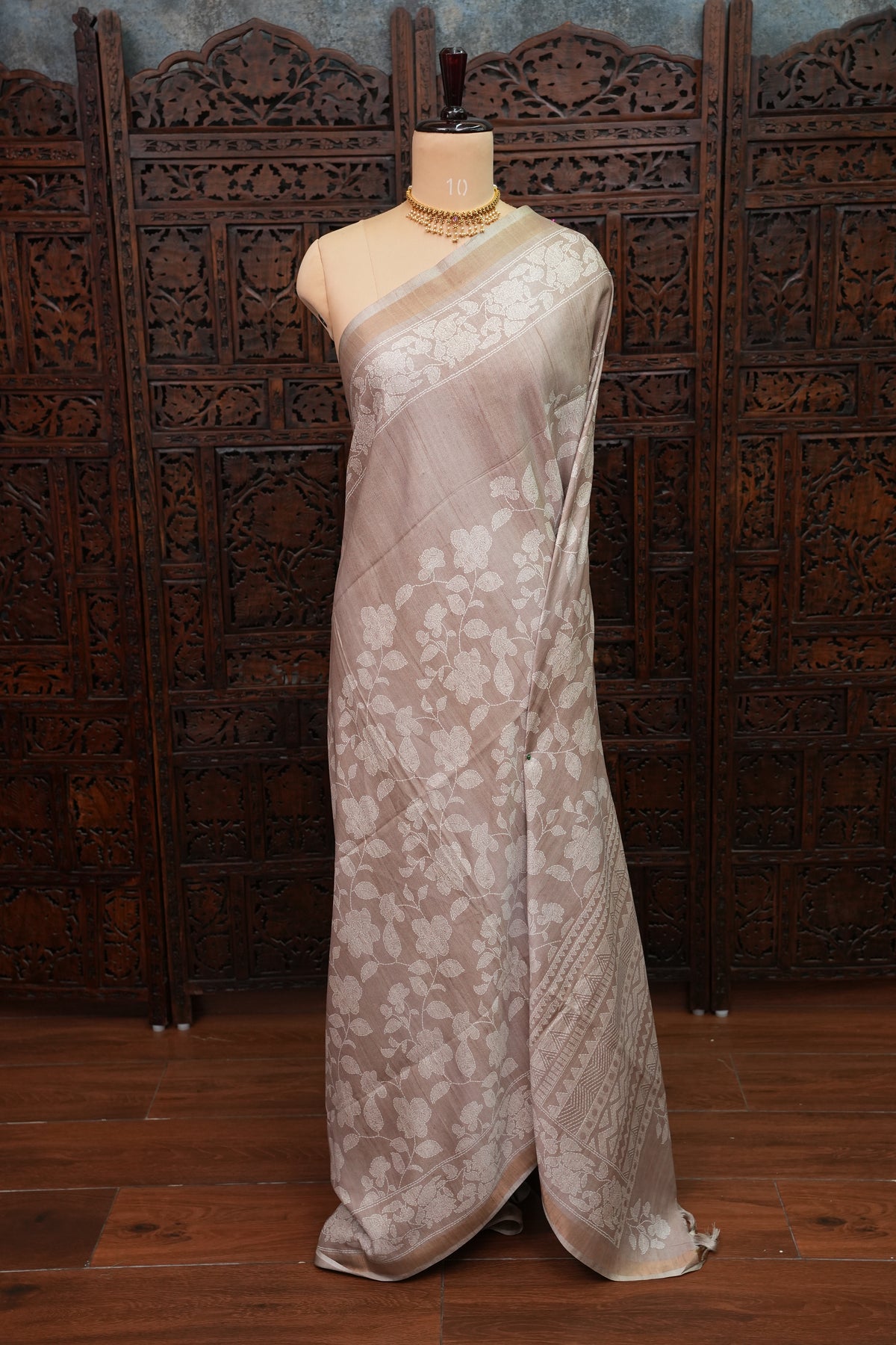 Semi Tussar Saree with Digital Floral Prints – Taupe Beige