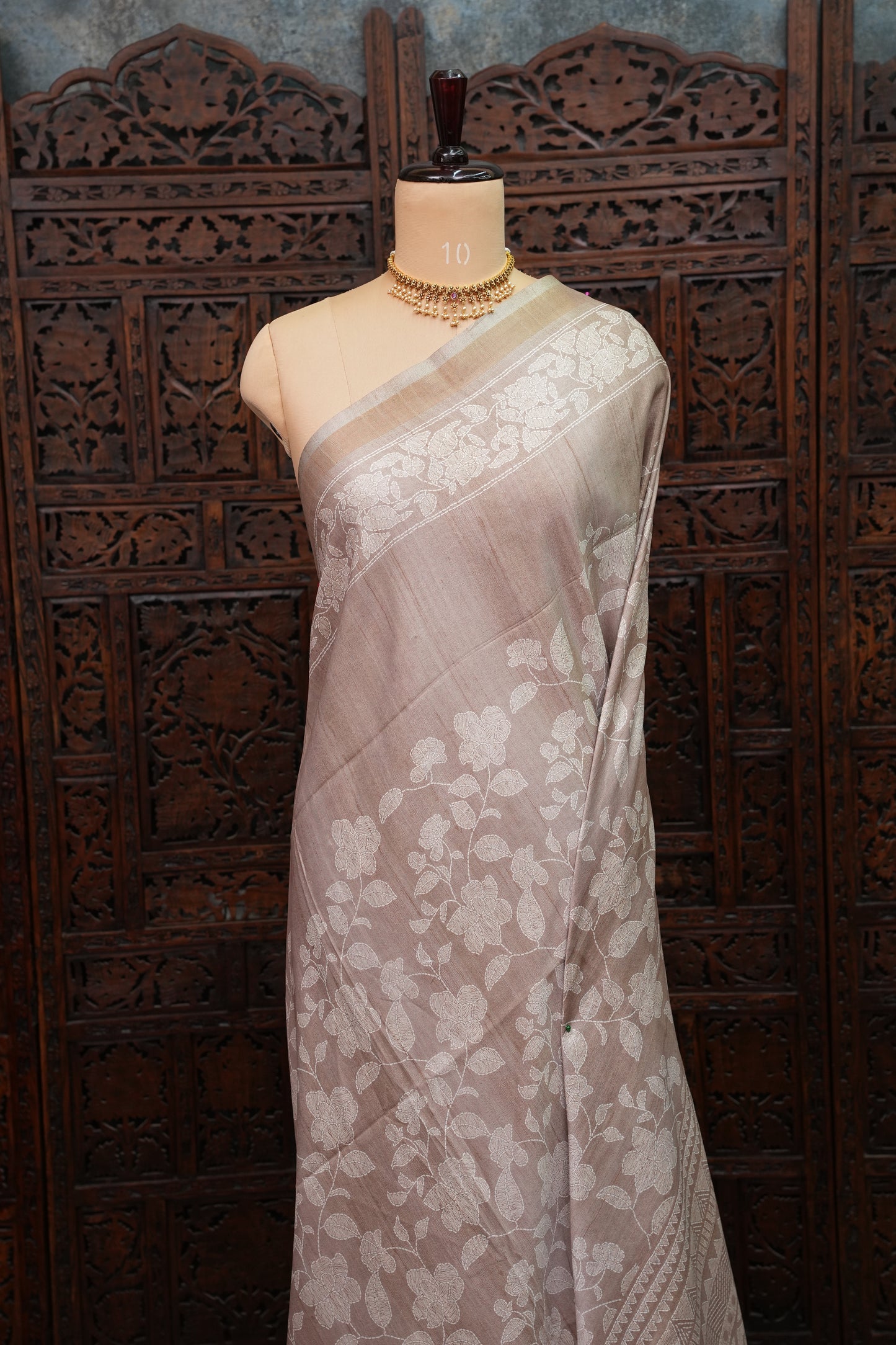 Semi Tussar Saree with Digital Floral Prints – Taupe Beige
