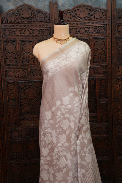 Semi Tussar Saree with Digital Floral Prints – Taupe Beige