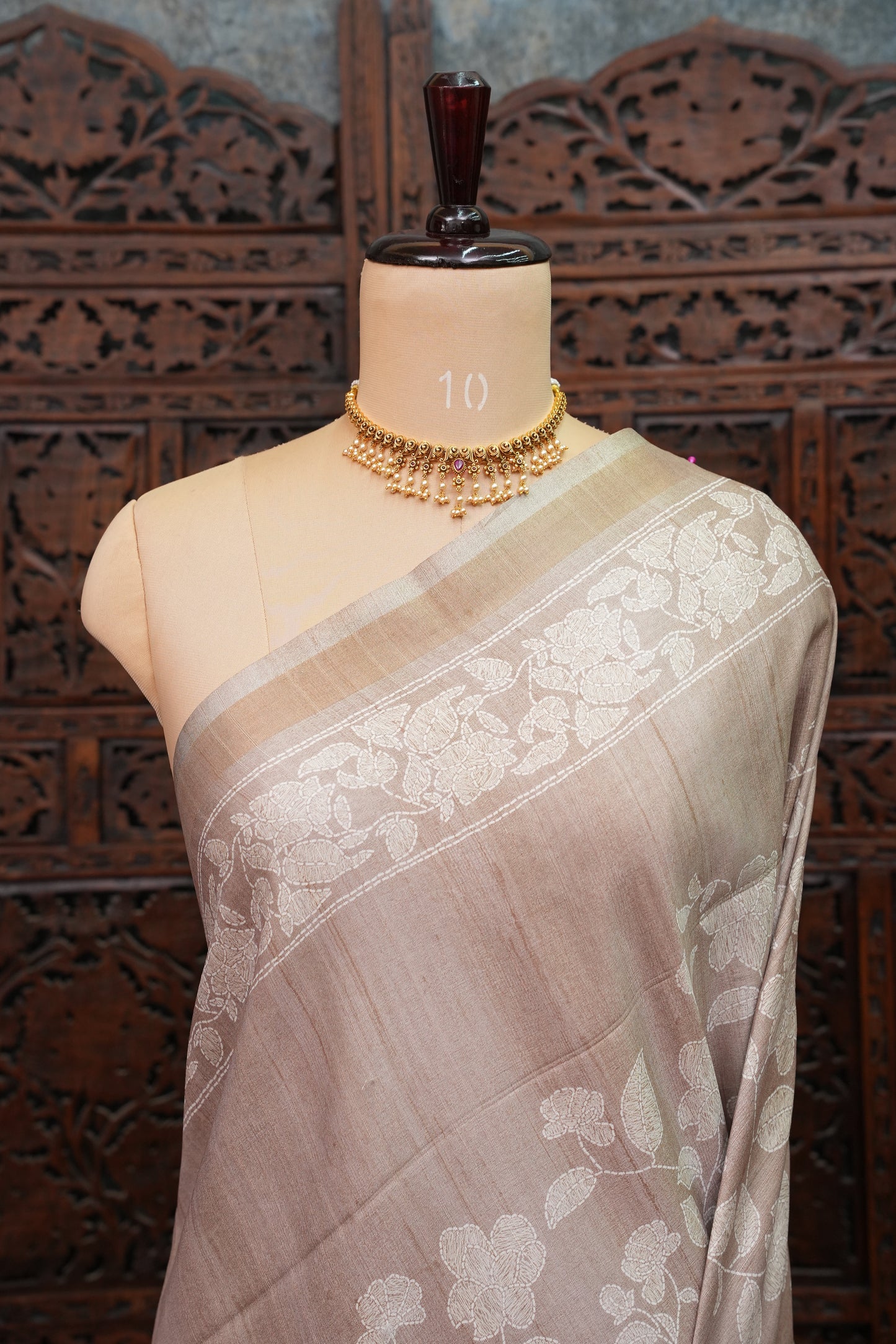 Semi Tussar Saree with Digital Floral Prints – Taupe Beige