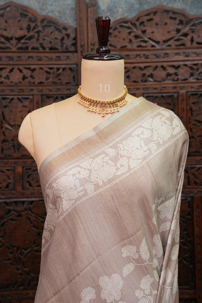 Semi Tussar Saree with Digital Floral Prints – Taupe Beige
