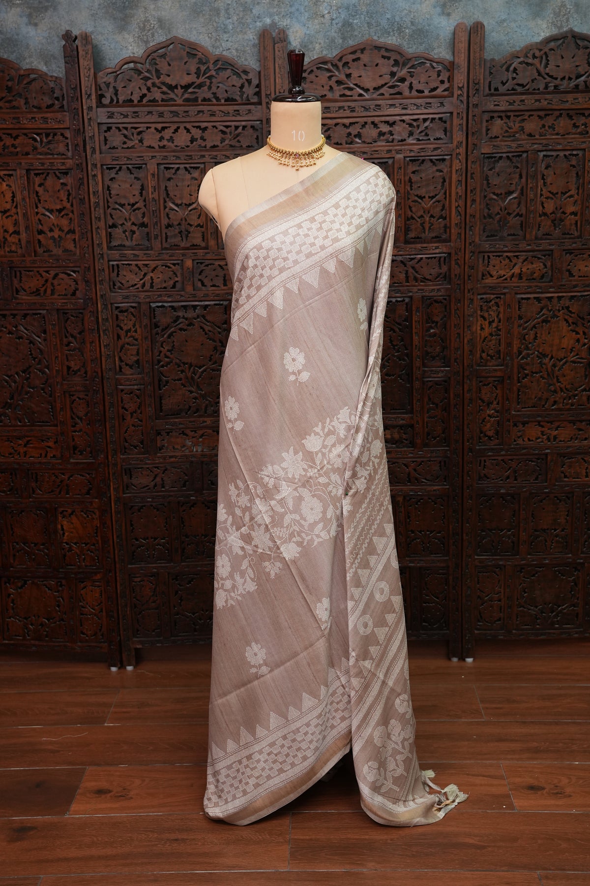 Semi Tussar Silk Saree with Digital Floral Prints – Taupe Beige