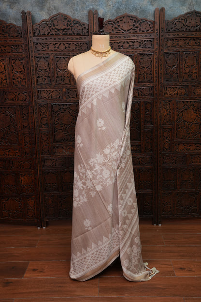 Semi Tussar Silk Saree with Digital Floral Prints – Taupe Beige
