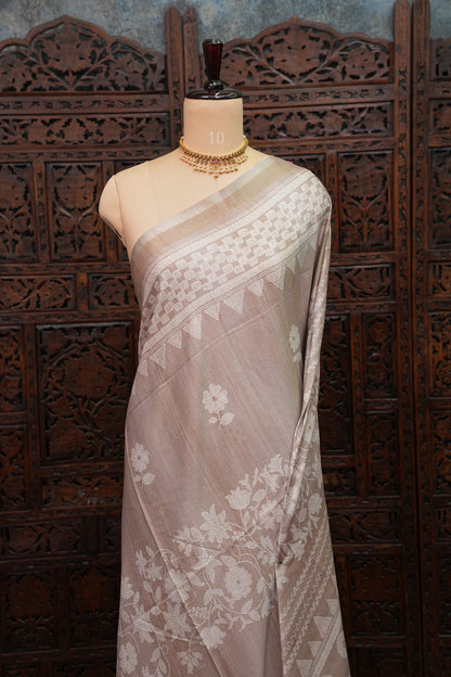 Semi Tussar Silk Saree with Digital Floral Prints – Taupe Beige