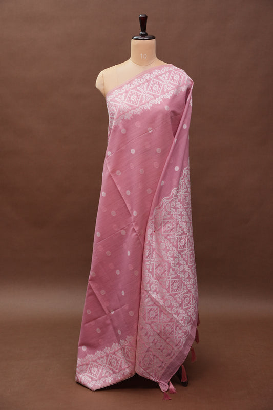 Pink Jamdani Saree with Intricate White Woven Motifs