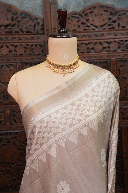 Semi Tussar Silk Saree with Digital Floral Prints – Taupe Beige