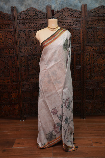 Silk Kota Saree with Sambalpuri Concept Border & Floral Print – Ivory & Black