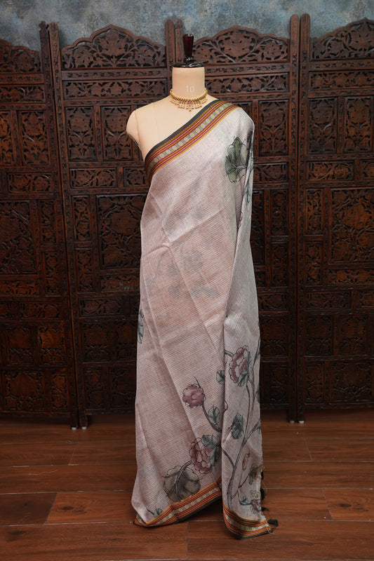 Silk Kota Saree with Sambalpuri Concept Border & Floral Print – Ivory & Black
