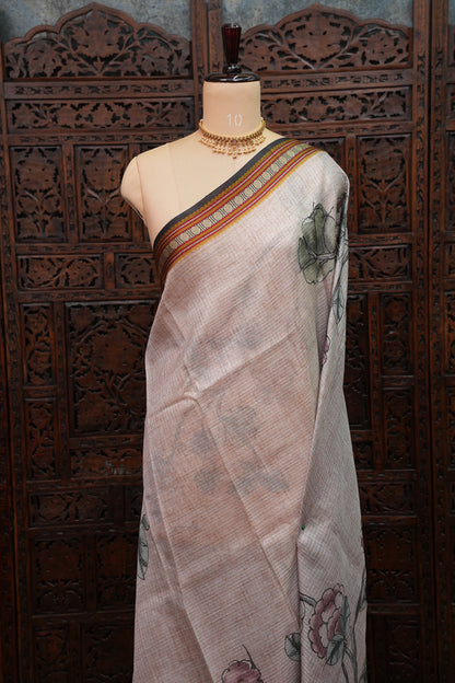 Silk Kota Saree with Sambalpuri Concept Border & Floral Print – Ivory & Black