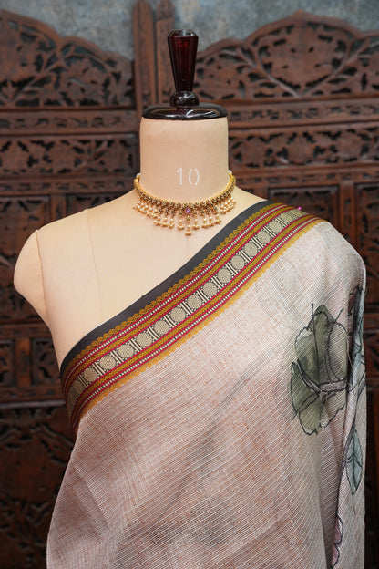 Silk Kota Saree with Sambalpuri Concept Border & Floral Print – Ivory & Black