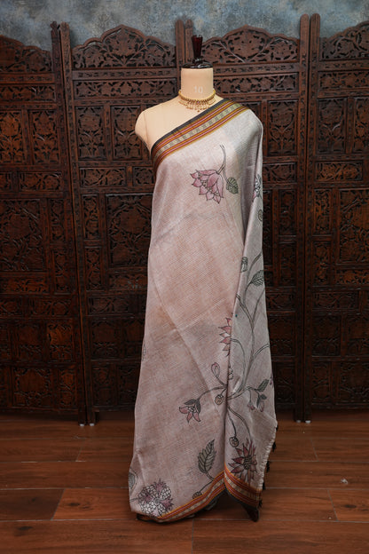 Silk Kota Saree with Sambalpuri Concept Border & Floral Print – Ivory & Black