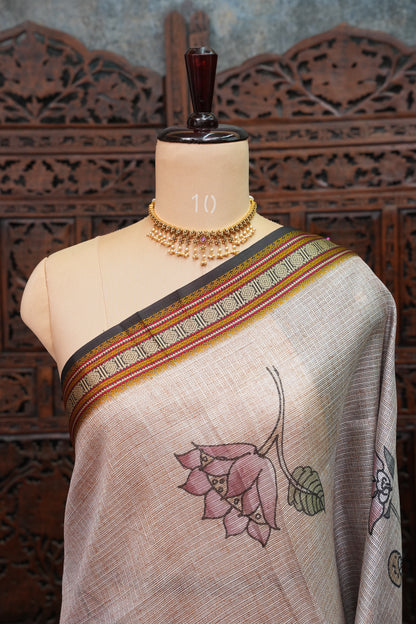 Silk Kota Saree with Sambalpuri Concept Border & Floral Print – Ivory & Black