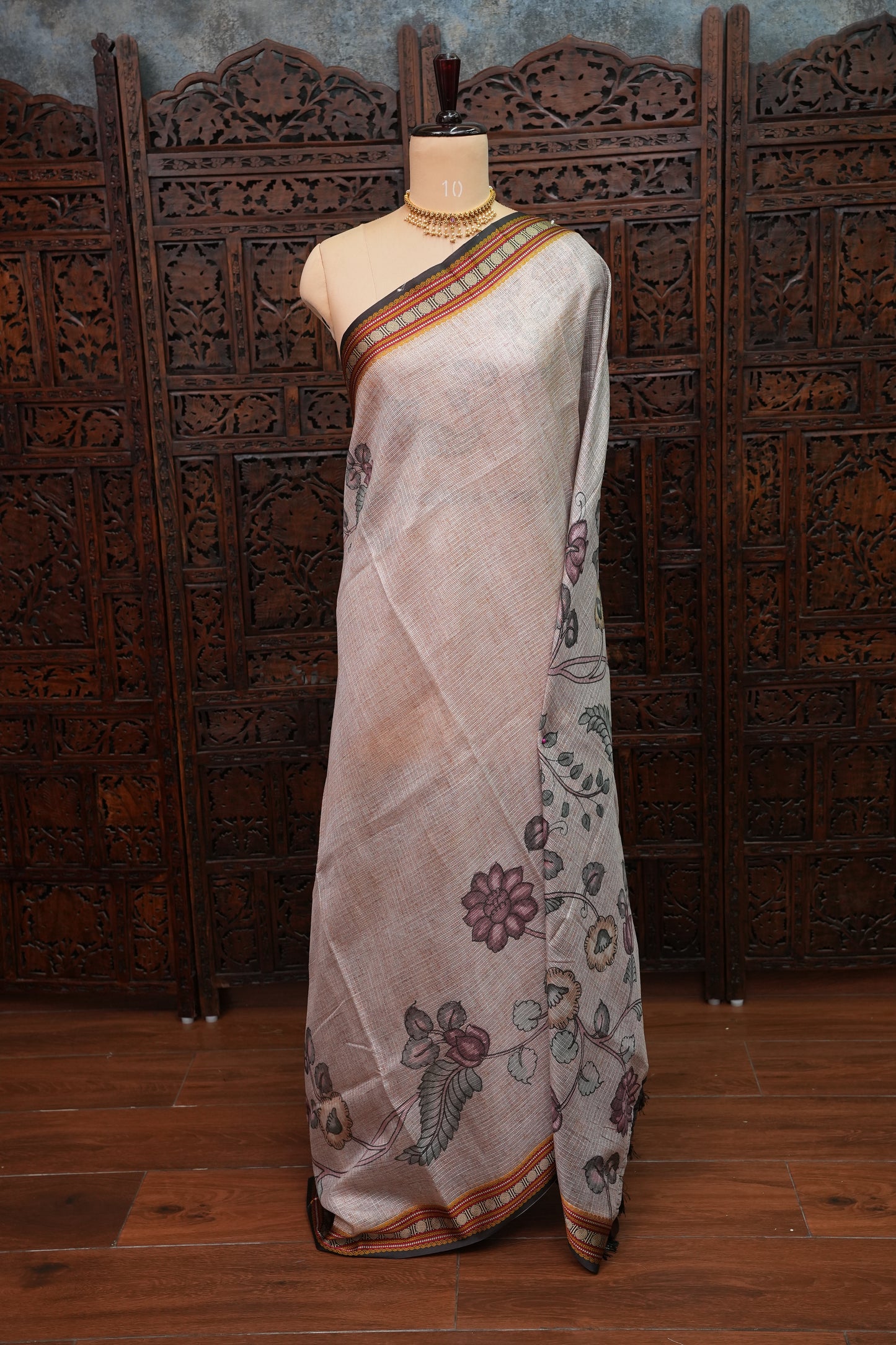 Silk Kota Saree with Sambalpuri Concept Border & Floral Print – Ivory & Black