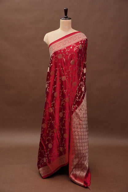 Pure Mashru Silk Saree in Deep Red with Intricate Jaal Weave-Silk Mark Certified