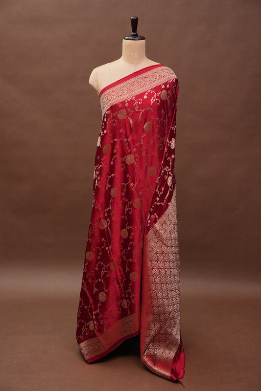 Pure Mashru Silk Saree in Deep Red with Intricate Jaal Weave-Silk Mark Certified