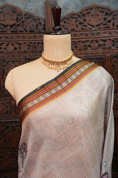 Silk Kota Saree with Sambalpuri Concept Border & Floral Print – Ivory & Black