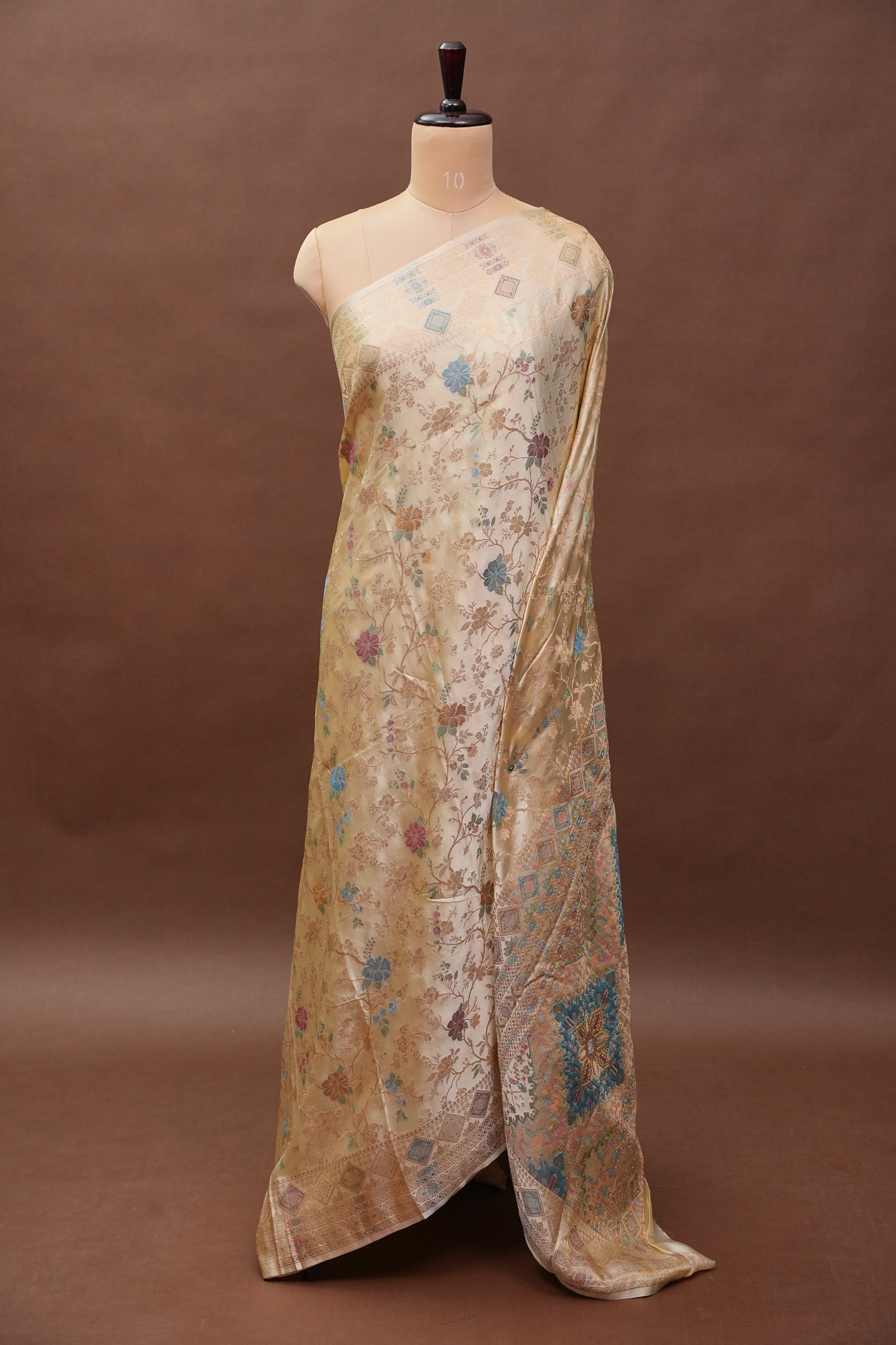 Ivory Banarasi Satin Silk Saree with Meenakari Floral Zari Weave & Heritage Brocade Pallu-Silk Mark Certified.