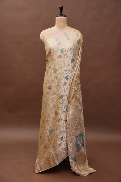 Ivory Banarasi Satin Silk Saree with Meenakari Floral Zari Weave & Heritage Brocade Pallu-Silk Mark Certified.