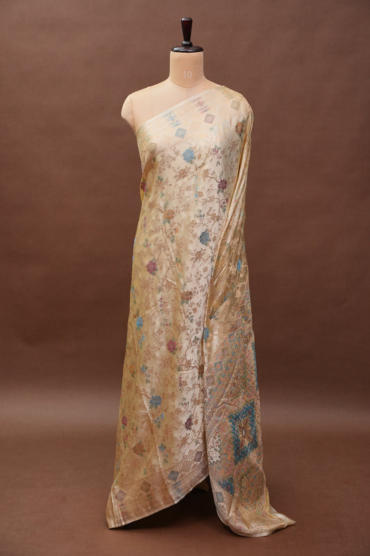 Ivory Banarasi Satin Silk Saree with Meenakari Floral Zari Weave & Heritage Brocade Pallu-Silk Mark Certified.