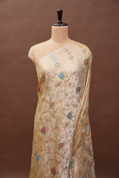 Ivory Banarasi Satin Silk Saree with Meenakari Floral Zari Weave & Heritage Brocade Pallu-Silk Mark Certified.