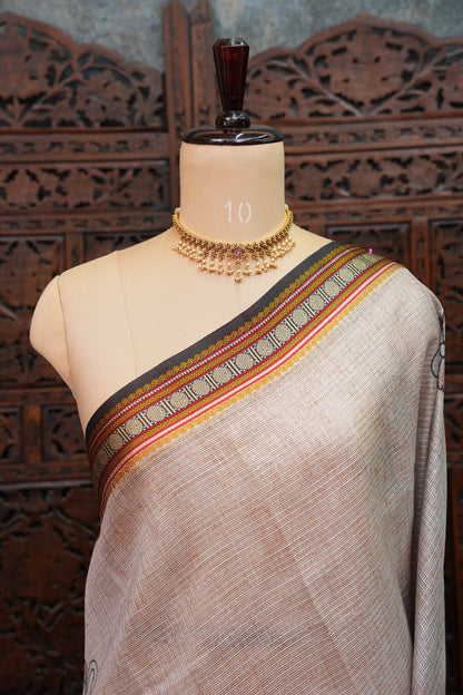 Silk Kota Saree with Sambalpuri Concept Border & Floral Print – Ivory & Black