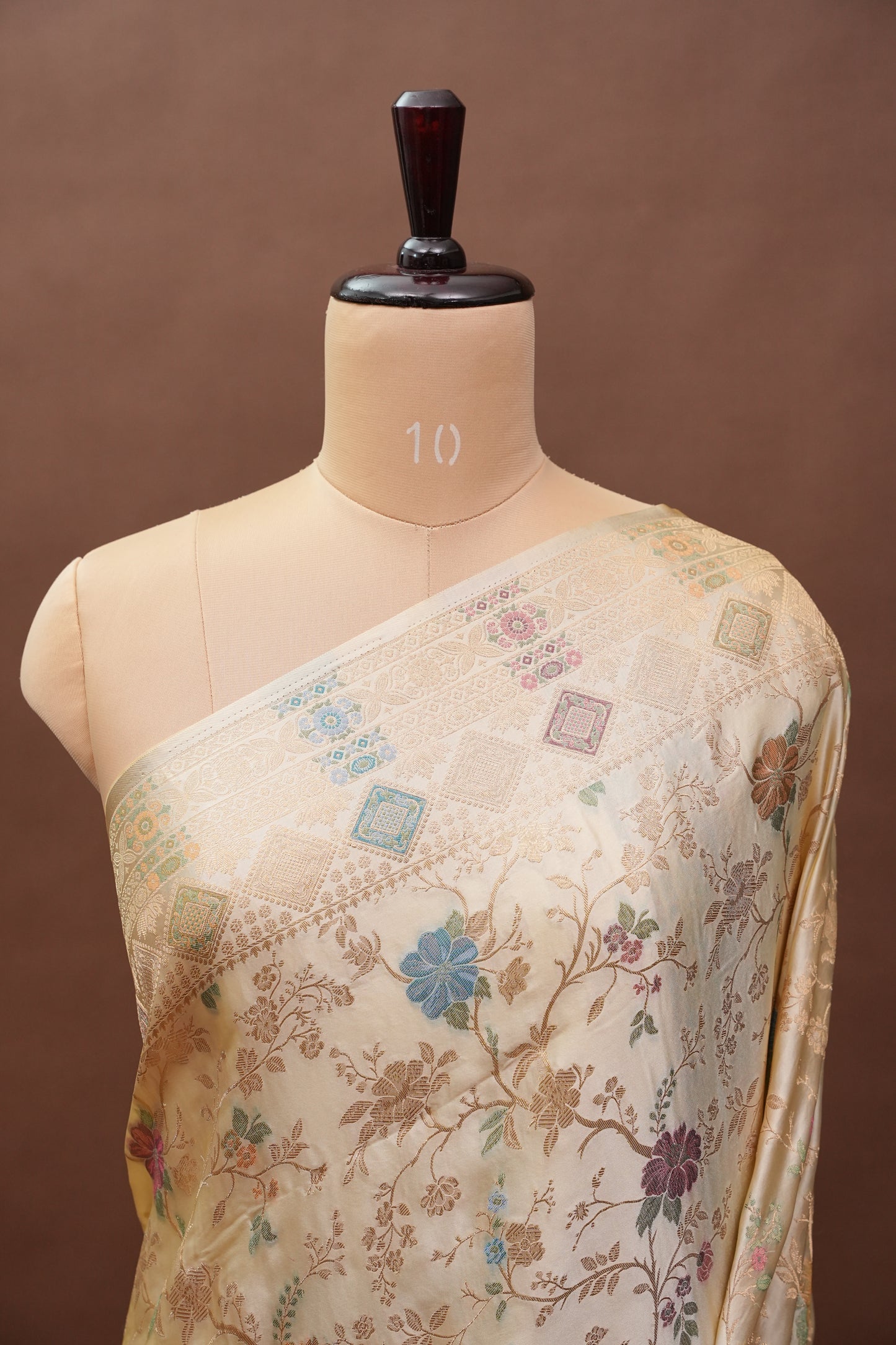 Ivory Banarasi Satin Silk Saree with Meenakari Floral Zari Weave & Heritage Brocade Pallu-Silk Mark Certified.