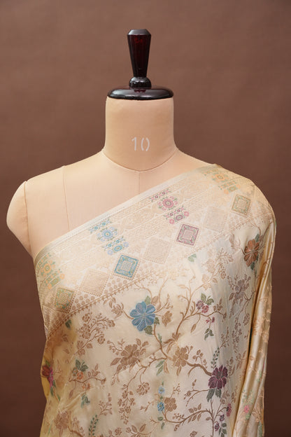 Ivory Banarasi Satin Silk Saree with Meenakari Floral Zari Weave & Heritage Brocade Pallu-Silk Mark Certified.
