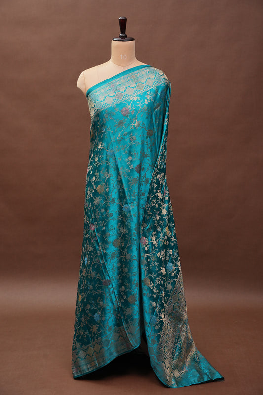 Turquoise Blue Banarasi Satin Silk Saree with Meenakari Floral Zari Weave & Rich Brocade Border-Silk Mark Certified.