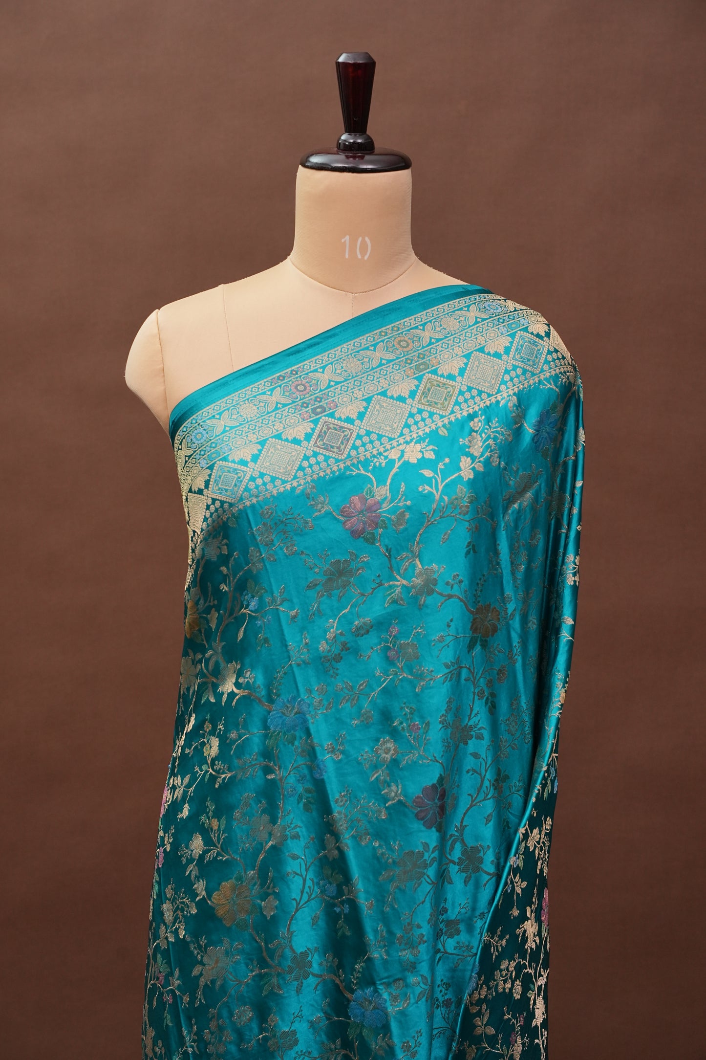 Turquoise Blue Banarasi Satin Silk Saree with Meenakari Floral Zari Weave & Rich Brocade Border-Silk Mark Certified.