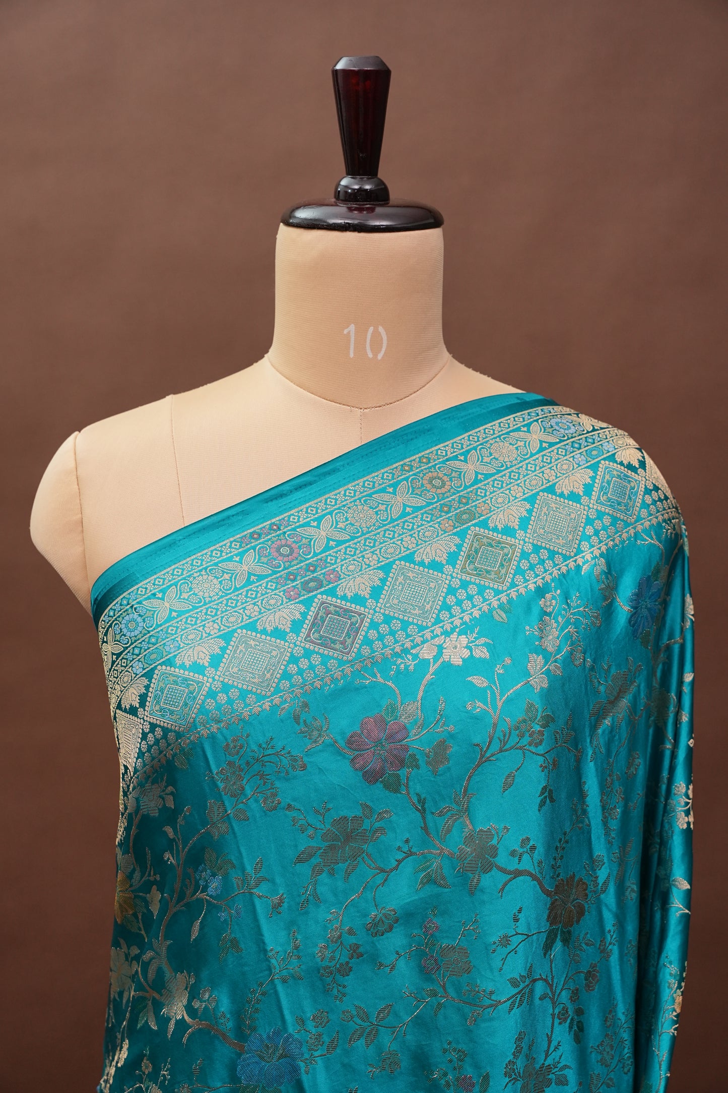 Turquoise Blue Banarasi Satin Silk Saree with Meenakari Floral Zari Weave & Rich Brocade Border-Silk Mark Certified.