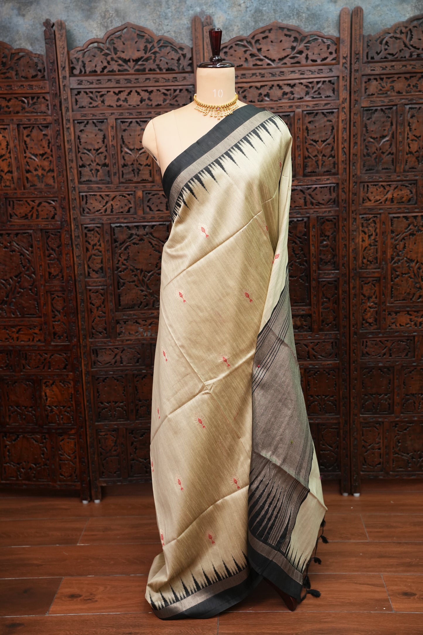 Semi Raw Silk Saree with Temple Border – Ivory & Black