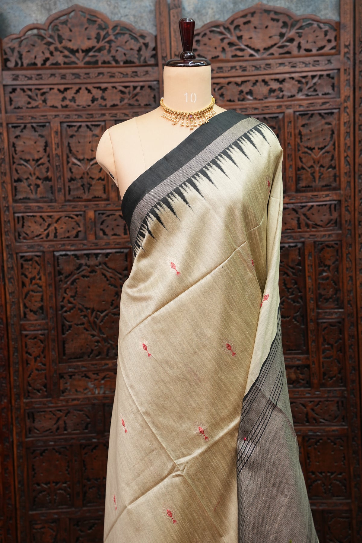 Semi Raw Silk Saree with Temple Border – Ivory & Black