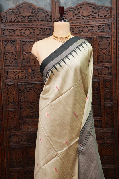 Semi Raw Silk Saree with Temple Border – Ivory & Black