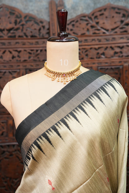 Semi Raw Silk Saree with Temple Border – Ivory & Black