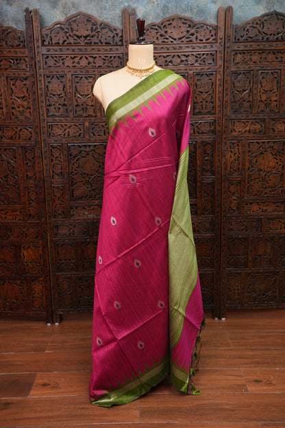 Semi Raw Silk Saree with Temple Border – Rani Pink & Olive Green