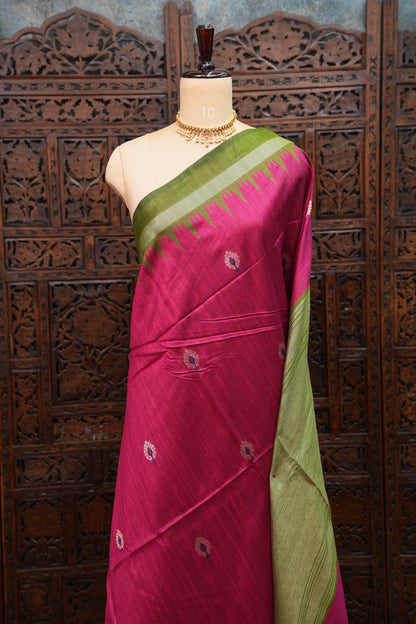 Semi Raw Silk Saree with Temple Border – Rani Pink & Olive Green