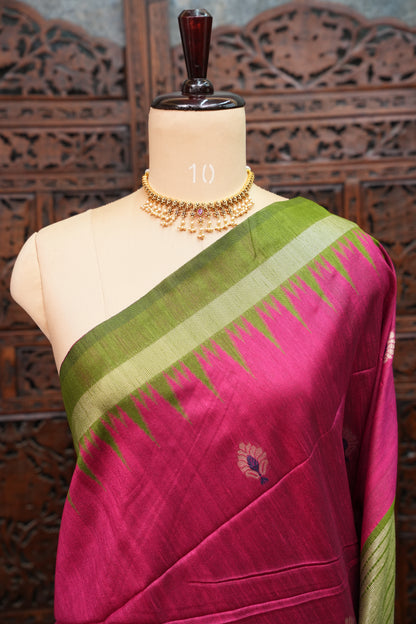 Semi Raw Silk Saree with Temple Border – Rani Pink & Olive Green