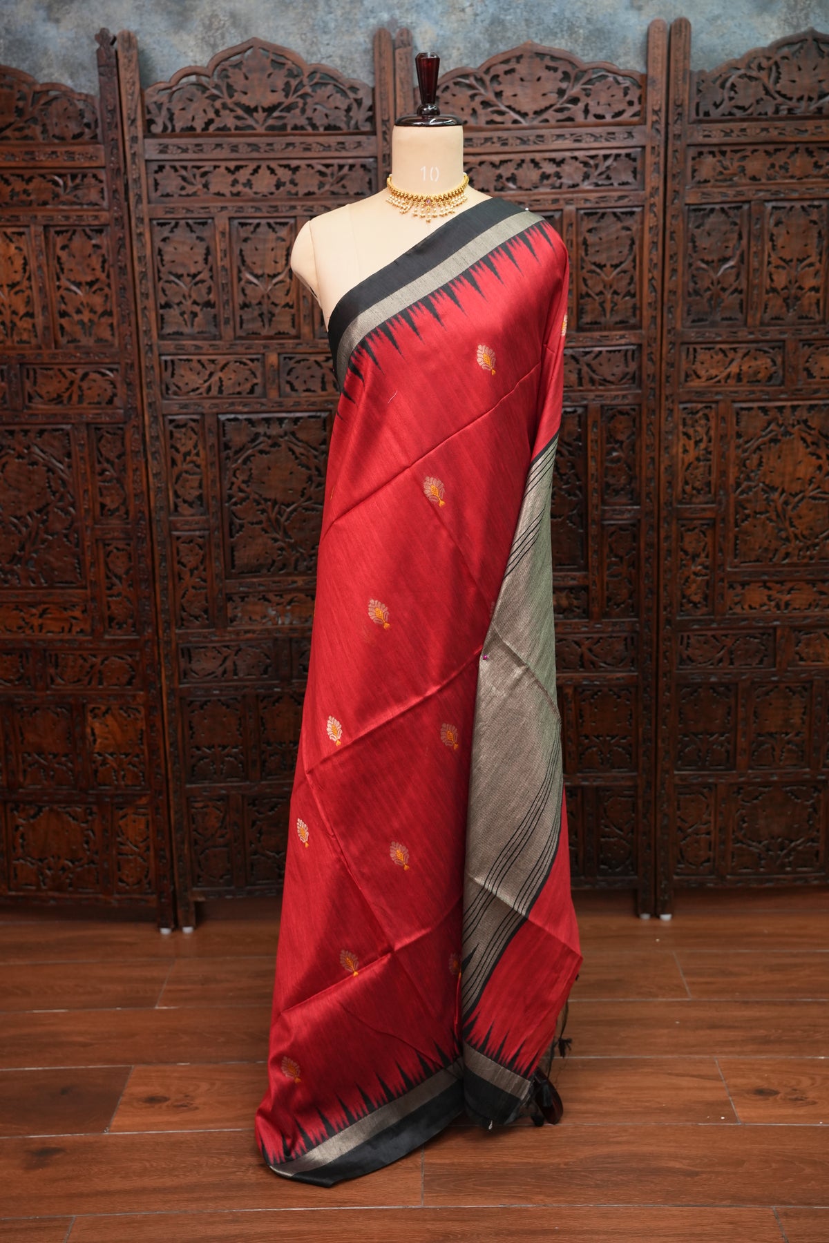 Semi Raw Silk Saree with Temple Border – Red & Black