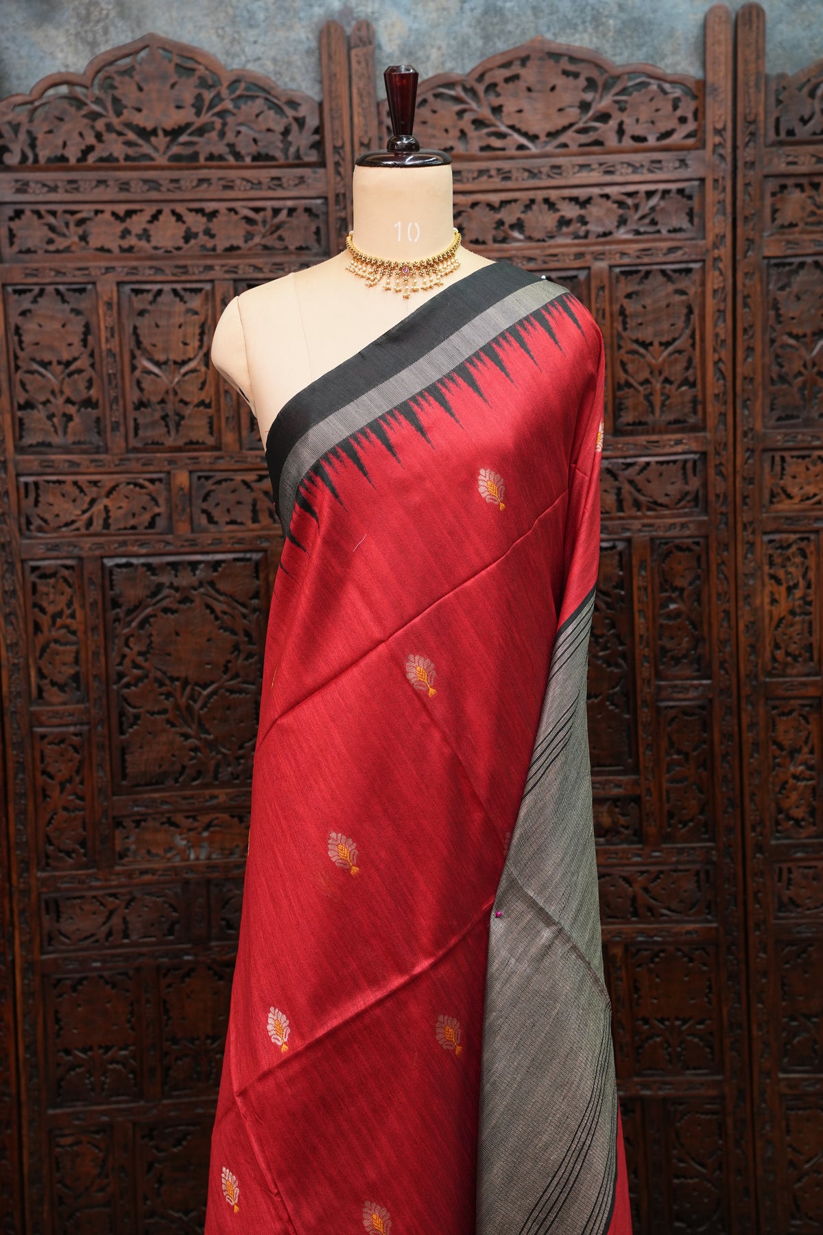 Semi Raw Silk Saree with Temple Border – Red & Black