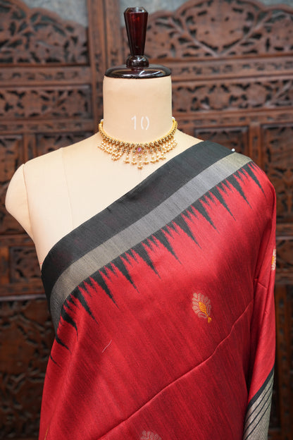 Semi Raw Silk Saree with Temple Border – Red & Black
