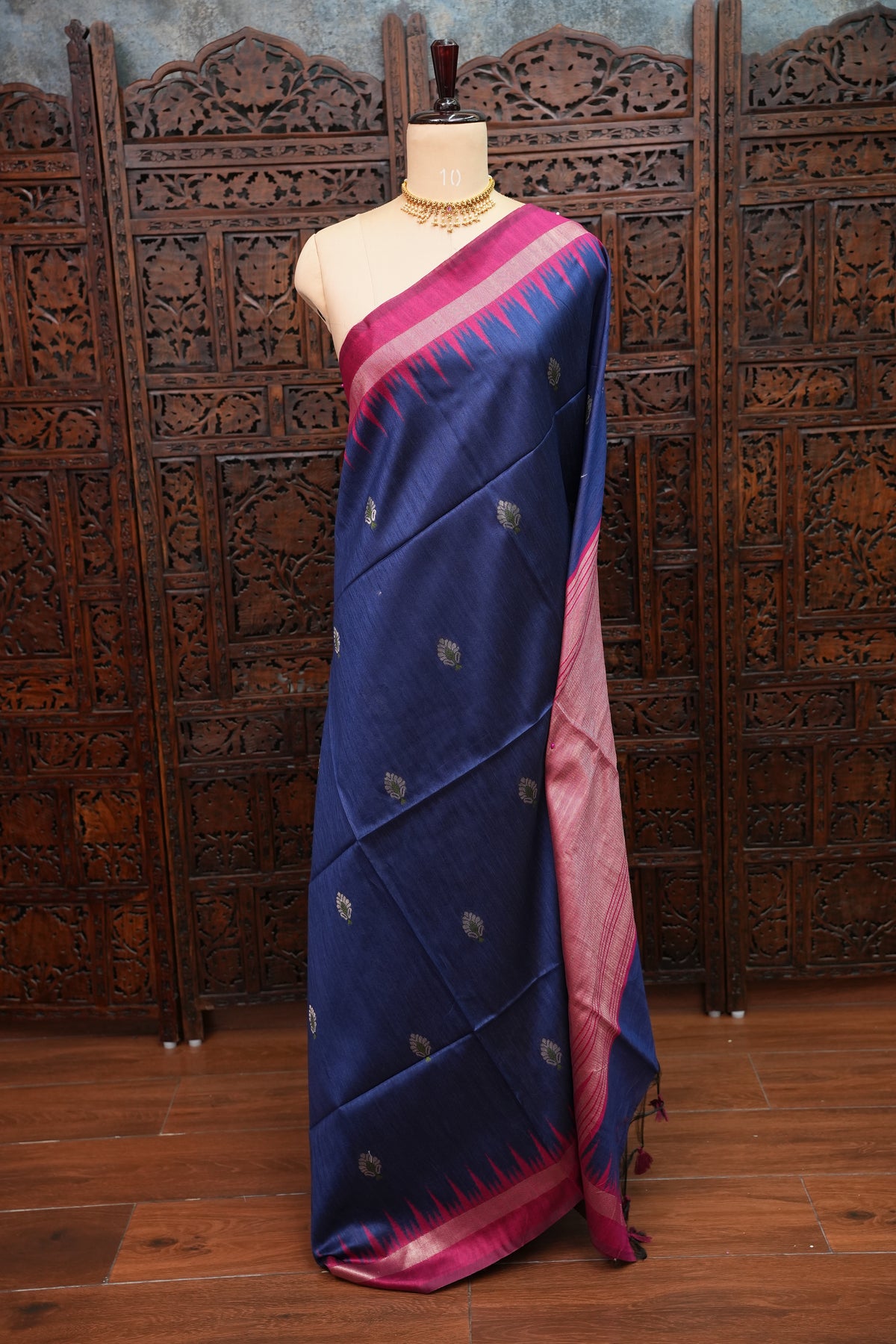 Semi Raw Silk Saree with Temple Border – Navy Blue & Rani Pink