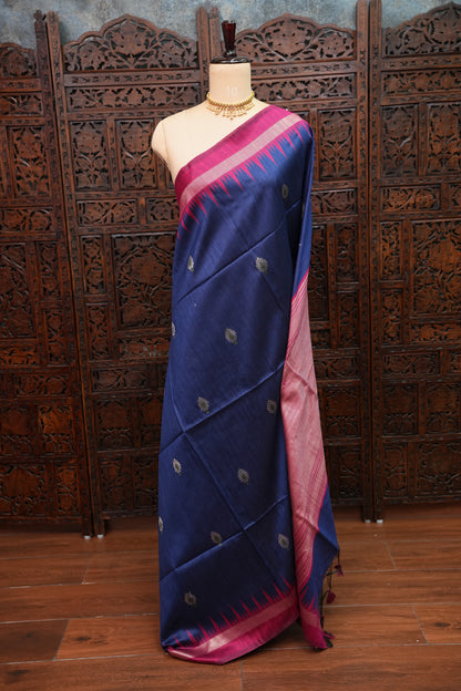 Semi Raw Silk Saree with Temple Border – Navy Blue & Rani Pink
