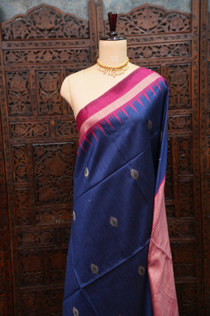 Semi Raw Silk Saree with Temple Border – Navy Blue & Rani Pink
