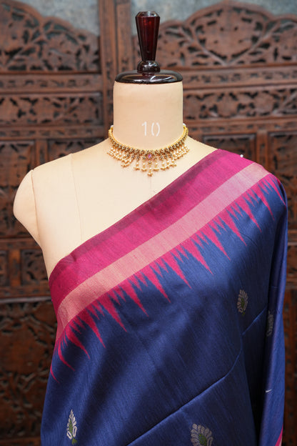 Semi Raw Silk Saree with Temple Border – Navy Blue & Rani Pink